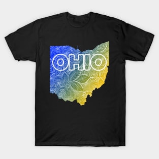 Colorful mandala art map of Ohio with text in blue and yellow T-Shirt